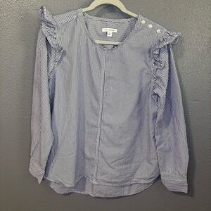 Free Assembly Blue Striped Ruffle Sleeve Blouse